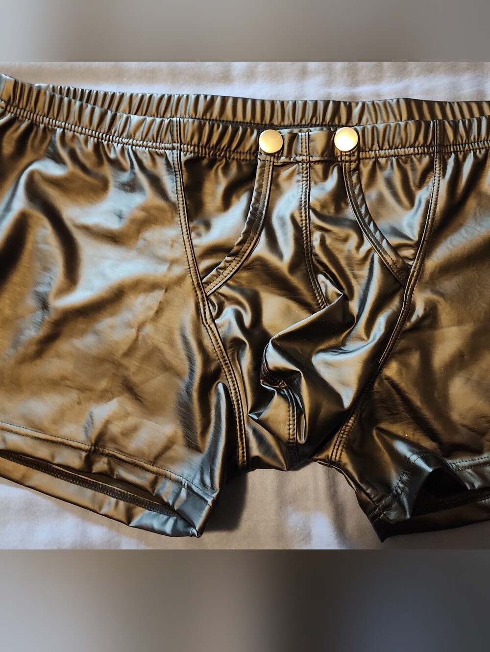 Black Faux Leather Men's Brief with Button Detail